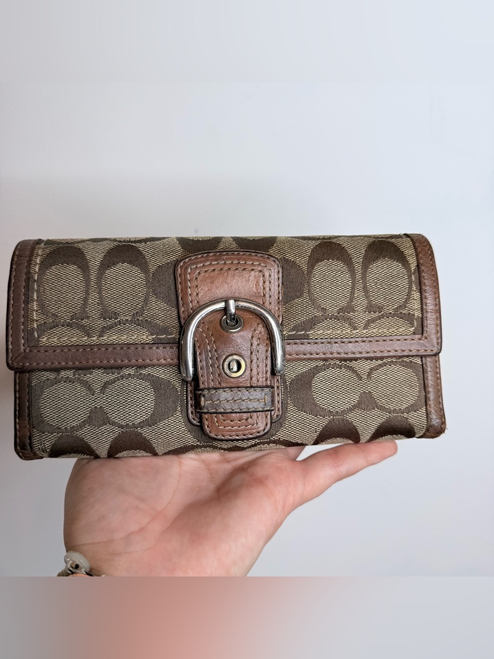 Coach Brown Signature Canvas Wallet with Leather Trim